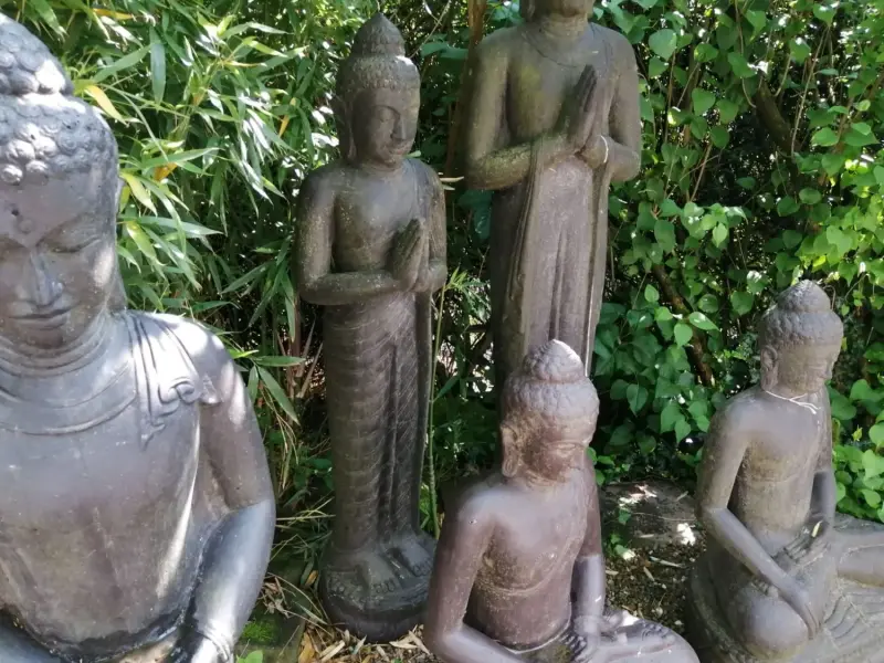 Product image 3 of the product “Standing Buddha, India, 158 cm height, cast stone, handcrafted & coloured ”